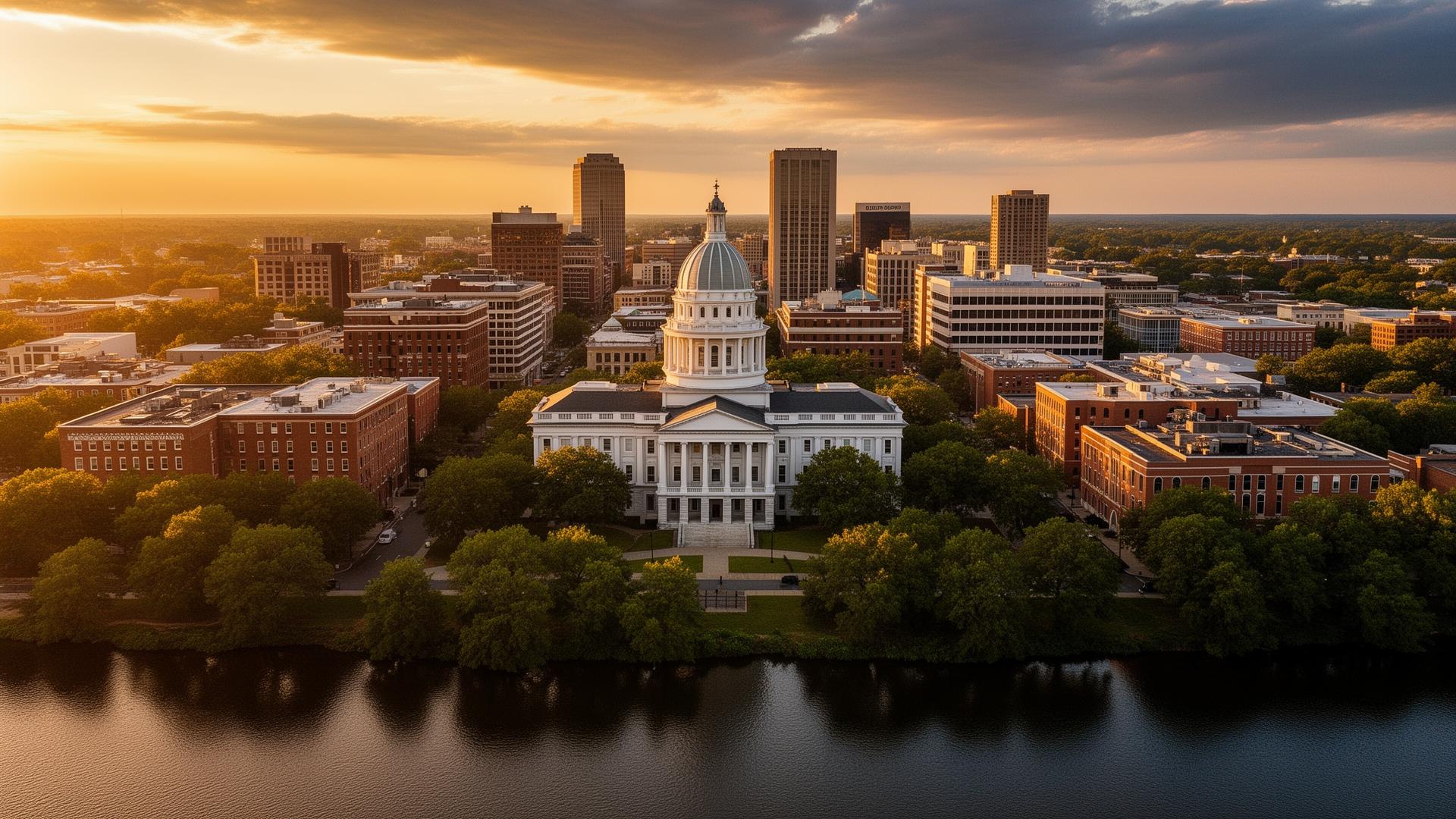 Aerial drone view of downtown Columbia, SC at golden hour